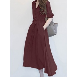 Solid Drawstring Waist Pocket Button Stand Collar Dress Solid Drawstring Waist Pocket Button Stand Collar Dress