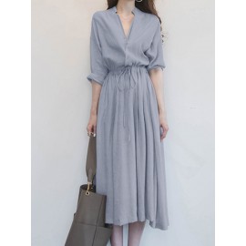 Solid Drawstring Waist Pocket Button Stand Collar Dress Solid Drawstring Waist Pocket Button Stand Collar Dress