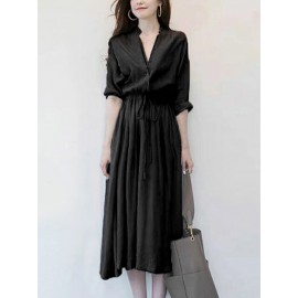 Solid Drawstring Waist Pocket Button Stand Collar Dress Solid Drawstring Waist Pocket Button Stand Collar Dress