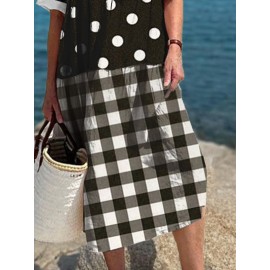 Women Striped Polkadot Plaid Patchwork V-Neck Short Sleeve Dress Women Striped Polkadot Plaid Patchwork V-Neck Short Sleeve Dress