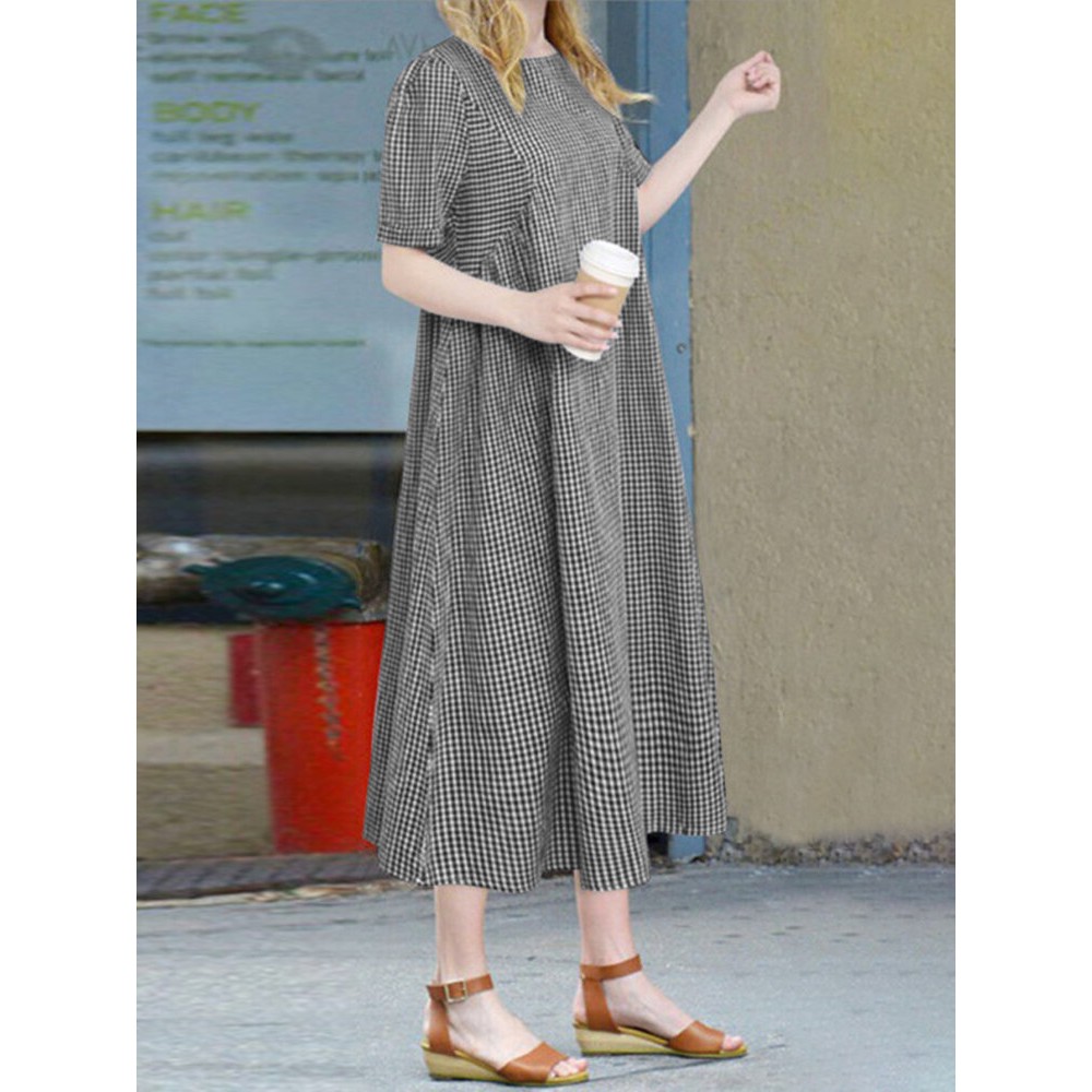 Women Gingham Plaid Crew Neck Casual Short Sleeve Dress Women Gingham Plaid Crew Neck Casual Short Sleeve Dress