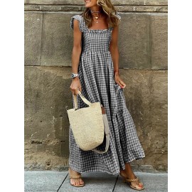 Women Gingham Ruffle Square Collar Tiered Sleeveless Dress Women Gingham Ruffle Square Collar Tiered Sleeveless Dress