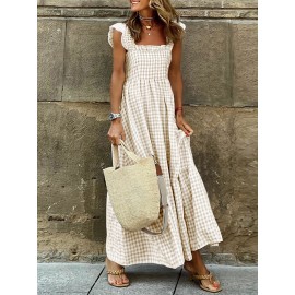 Women Gingham Ruffle Square Collar Tiered Sleeveless Dress Women Gingham Ruffle Square Collar Tiered Sleeveless Dress