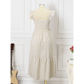 Women Gingham Ruffle Square Collar Tiered Sleeveless Dress Women Gingham Ruffle Square Collar Tiered Sleeveless Dress