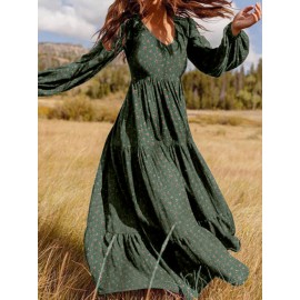 Floral Print Long Sleeves V-neck Casual Dress For Women