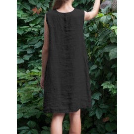 Women Solid Crew Neck Casual Sleeveless Dress With Pocket Women Solid Crew Neck Casual Sleeveless Dress With Pocket