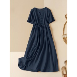 Women Solid Notched Neck Frog Button Drawstring Waist Dress Women Solid Notched Neck Frog Button Drawstring Waist Dress
