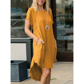 Women Solid Crew Neck Ruffle Trim Casual Short Sleeve Dress Women Solid Crew Neck Ruffle Trim Casual Short Sleeve Dress