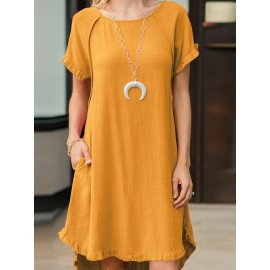 Women Solid Crew Neck Ruffle Trim Casual Short Sleeve Dress Women Solid Crew Neck Ruffle Trim Casual Short Sleeve Dress