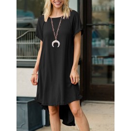 Women Solid Crew Neck Ruffle Trim Casual Short Sleeve Dress Women Solid Crew Neck Ruffle Trim Casual Short Sleeve Dress