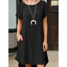 Women Solid Crew Neck Ruffle Trim Casual Short Sleeve Dress Women Solid Crew Neck Ruffle Trim Casual Short Sleeve Dress