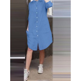 Women Solid Stand Collar Shirt Dress With Sleeve Tabs Women Solid Stand Collar Shirt Dress With Sleeve Tabs