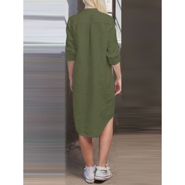 Women Solid Stand Collar Shirt Dress With Sleeve Tabs Women Solid Stand Collar Shirt Dress With Sleeve Tabs