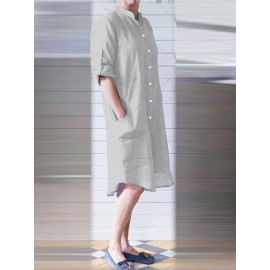 Women Solid Stand Collar Shirt Dress With Sleeve Tabs Women Solid Stand Collar Shirt Dress With Sleeve Tabs