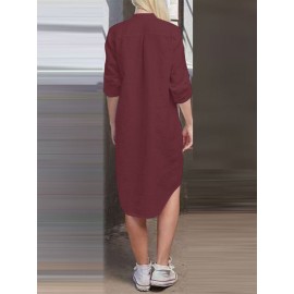 Women Solid Stand Collar Shirt Dress With Sleeve Tabs Women Solid Stand Collar Shirt Dress With Sleeve Tabs