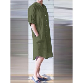 Women Solid Stand Collar Shirt Dress With Sleeve Tabs Women Solid Stand Collar Shirt Dress With Sleeve Tabs
