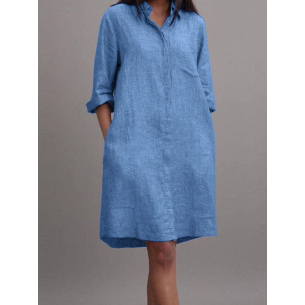 Women Plain Lapel Concealed Placket Casual Shirt Dress Women Plain Lapel Concealed Placket Casual Shirt Dress