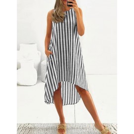 Women Striped Crew Neck High-Low Hem Sleeveless Dress Women Striped Crew Neck High-Low Hem Sleeveless Dress