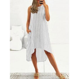 Women Striped Crew Neck High-Low Hem Sleeveless Dress Women Striped Crew Neck High-Low Hem Sleeveless Dress