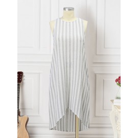 Women Striped Crew Neck High-Low Hem Sleeveless Dress Women Striped Crew Neck High-Low Hem Sleeveless Dress