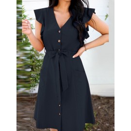 Women Solid Button Front Ruffle Cap Sleeve Dress With Belt Women Solid Button Front Ruffle Cap Sleeve Dress With Belt