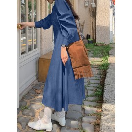 Solid Long Sleeve Casual A-line Denim Dress Solid Long Sleeve Casual A-line Denim Dress