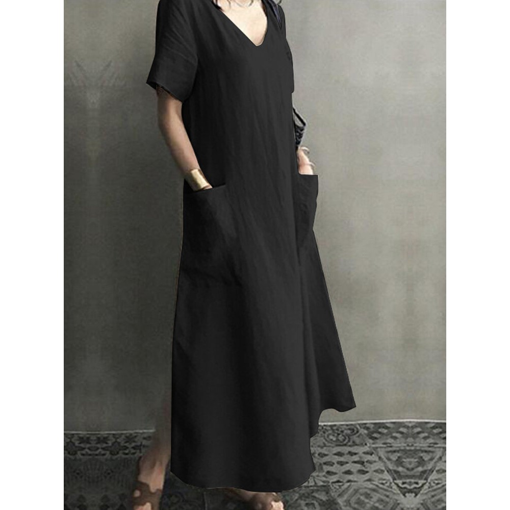 Vintage Short Sleeve V Neck Pockets Dress Vintage Short Sleeve V Neck Pockets Dress