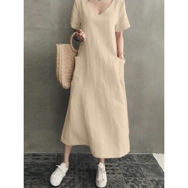Vintage Short Sleeve V Neck Pockets Dress Vintage Short Sleeve V Neck Pockets Dress