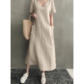 Vintage Short Sleeve V Neck Pockets Dress Vintage Short Sleeve V Neck Pockets Dress