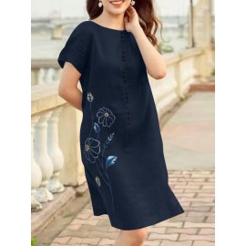 Women Floral Embroidered Crew Neck Casual Short Sleeve Dress Women Floral Embroidered Crew Neck Casual Short Sleeve Dress