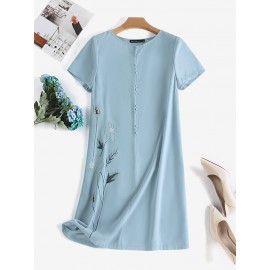 Women Floral Embroidered Crew Neck Casual Short Sleeve Dress Women Floral Embroidered Crew Neck Casual Short Sleeve Dress