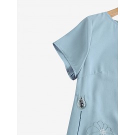 Women Floral Embroidered Crew Neck Casual Short Sleeve Dress Women Floral Embroidered Crew Neck Casual Short Sleeve Dress