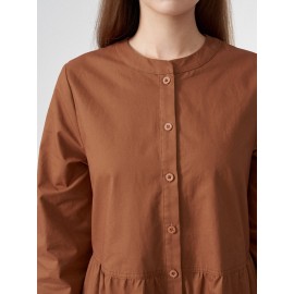 Solid Button Half Placket Long Sleeve Stand Collar Dress Solid Button Half Placket Long Sleeve Stand Collar Dress