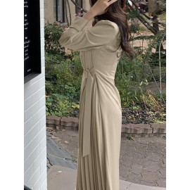 Solid Irregular Pleated Adjustable Belt Long Sleeve Dress Solid Irregular Pleated Adjustable Belt Long Sleeve Dress