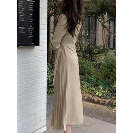 Solid Irregular Pleated Adjustable Belt Long Sleeve Dress Solid Irregular Pleated Adjustable Belt Long Sleeve Dress