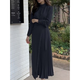 Solid Irregular Pleated Adjustable Belt Long Sleeve Dress Solid Irregular Pleated Adjustable Belt Long Sleeve Dress