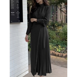 Solid Irregular Pleated Adjustable Belt Long Sleeve Dress Solid Irregular Pleated Adjustable Belt Long Sleeve Dress