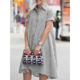 Women Gingham Plaid Lapel Half Button Short Sleeve Shirt Dress Women Gingham Plaid Lapel Half Button Short Sleeve Shirt Dress