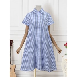 Women Gingham Plaid Lapel Half Button Short Sleeve Shirt Dress Women Gingham Plaid Lapel Half Button Short Sleeve Shirt Dress