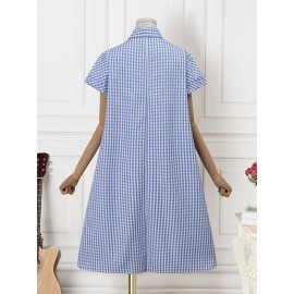 Women Gingham Plaid Lapel Half Button Short Sleeve Shirt Dress Women Gingham Plaid Lapel Half Button Short Sleeve Shirt Dress
