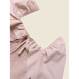 Solid Shirred Tie Front Long Sleeve Square Collar Dress Solid Shirred Tie Front Long Sleeve Square Collar Dress