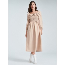 Solid Shirred Tie Front Long Sleeve Square Collar Dress Solid Shirred Tie Front Long Sleeve Square Collar Dress