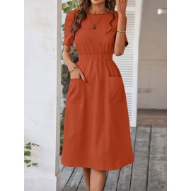 Women Solid Double Pocket Casual Short Sleeve Dress Women Solid Double Pocket Casual Short Sleeve Dress