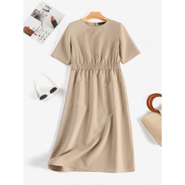 Women Solid Double Pocket Casual Short Sleeve Dress Women Solid Double Pocket Casual Short Sleeve Dress
