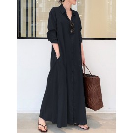 Solid Color Pocket Button Long SLeeve Casual Dress for Women Solid Color Pocket Button Long SLeeve Casual Dress for Women