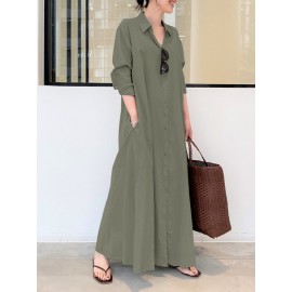 Solid Color Pocket Button Long SLeeve Casual Dress for Women Solid Color Pocket Button Long SLeeve Casual Dress for Women