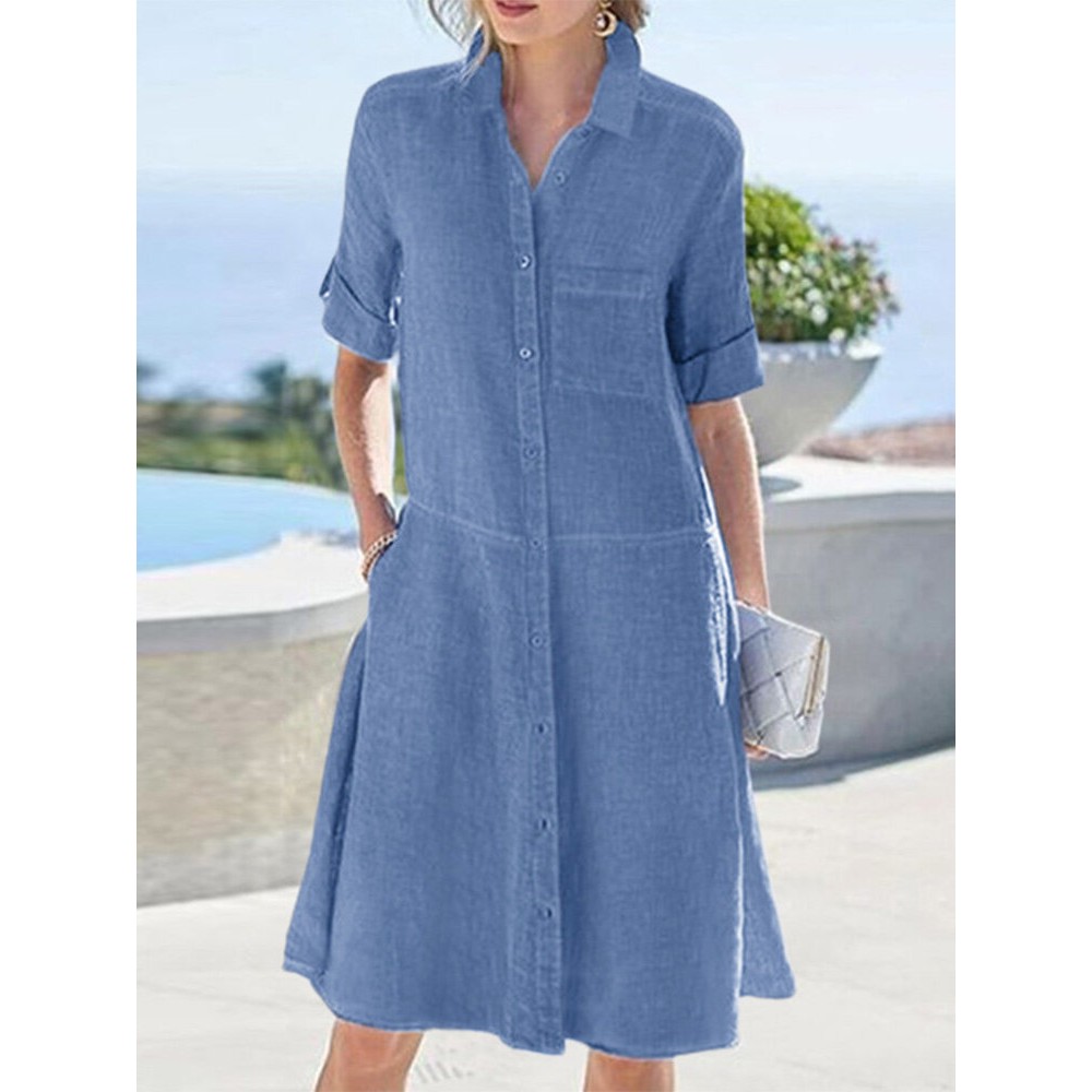 Women Solid Lapel Button Up Shirt Dress With Sleeve Tabs Women Solid Lapel Button Up Shirt Dress With Sleeve Tabs