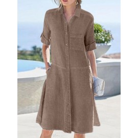 Women Solid Lapel Button Up Shirt Dress With Sleeve Tabs Women Solid Lapel Button Up Shirt Dress With Sleeve Tabs