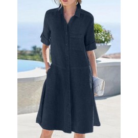 Women Solid Lapel Button Up Shirt Dress With Sleeve Tabs Women Solid Lapel Button Up Shirt Dress With Sleeve Tabs