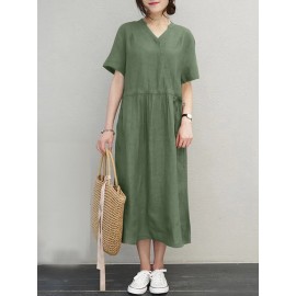 Women Solid Notched Neck Drawstring Waist Short Sleeve Dress Women Solid Notched Neck Drawstring Waist Short Sleeve Dress